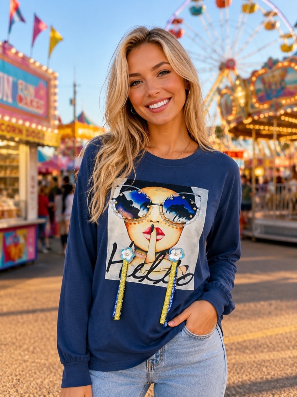 ASZ Tradition Size Small Blue Graphic Top Embellished Fashion Girl